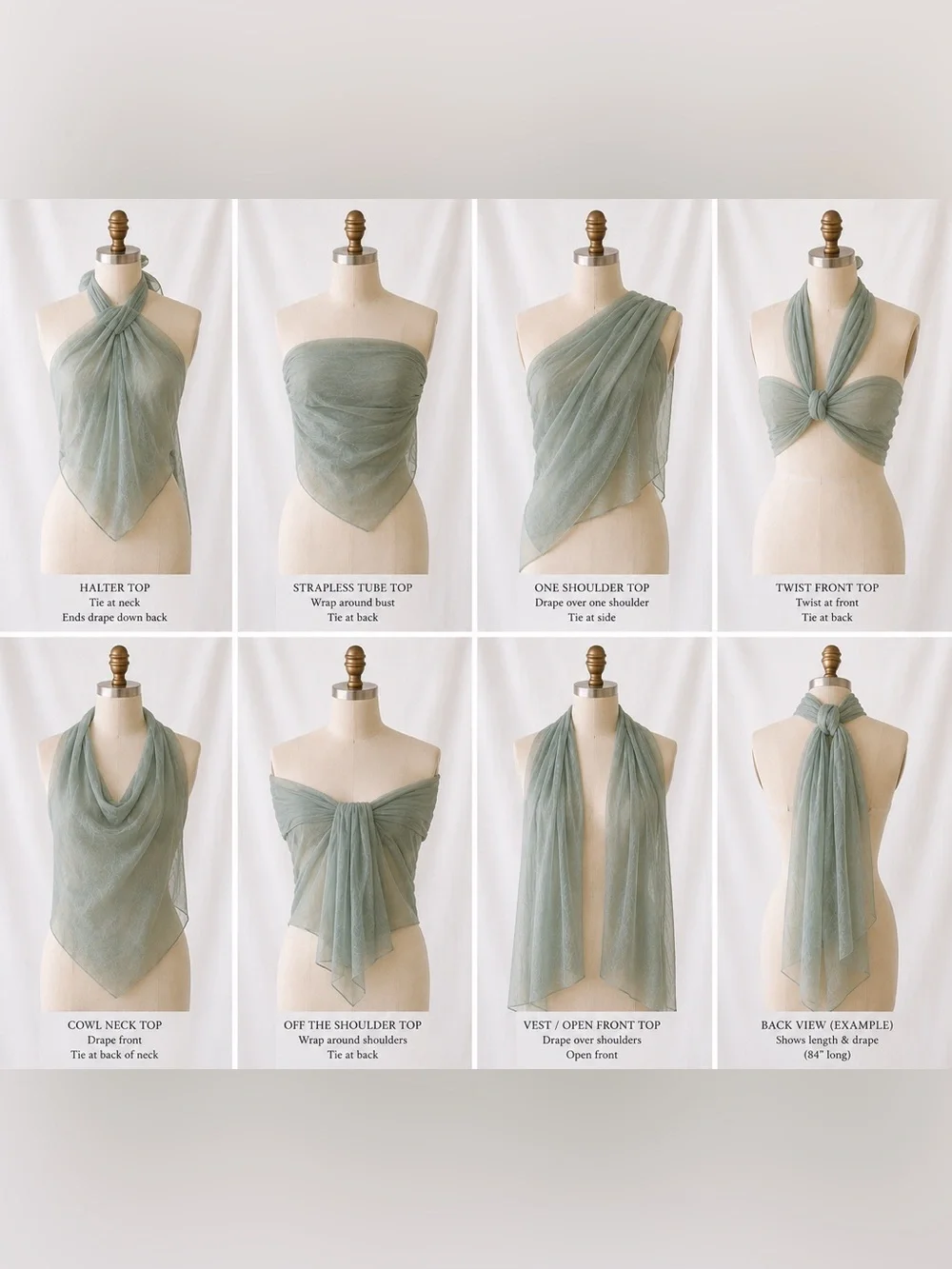 Carmen Marc Valvo 100% Silk Sage Green Chiffon Long Scarf Wrap Shawl 84”
